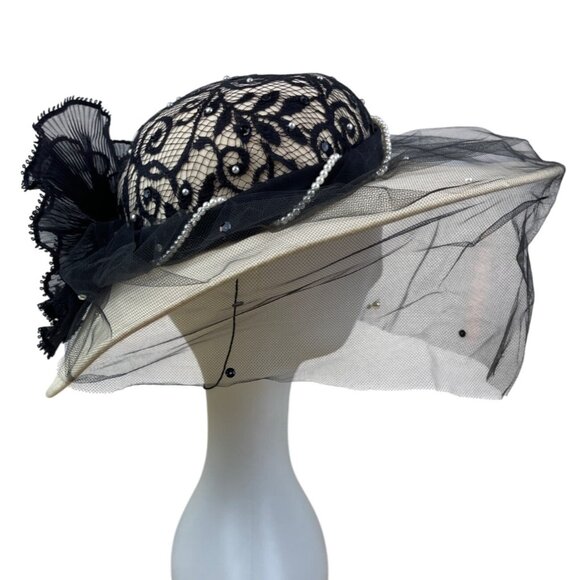 Whittall & Shon Vintage Black Lace & Pearls Wide Brim Hat Netting Floral Accent main image 10